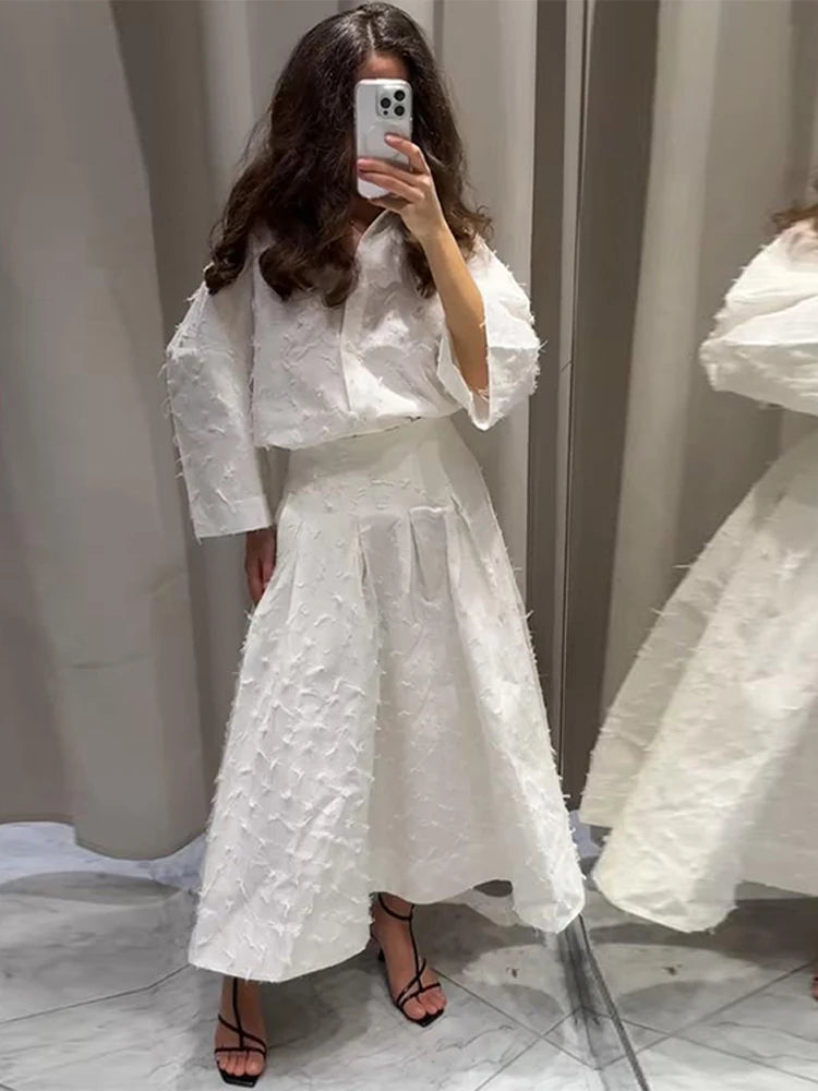 Elegant Shirt Skirt Set Women Lapel Long Sleeve Loose T-shirt High Waist Pleated Long Skirts Suits 2025 Autumn Street Lady Sets