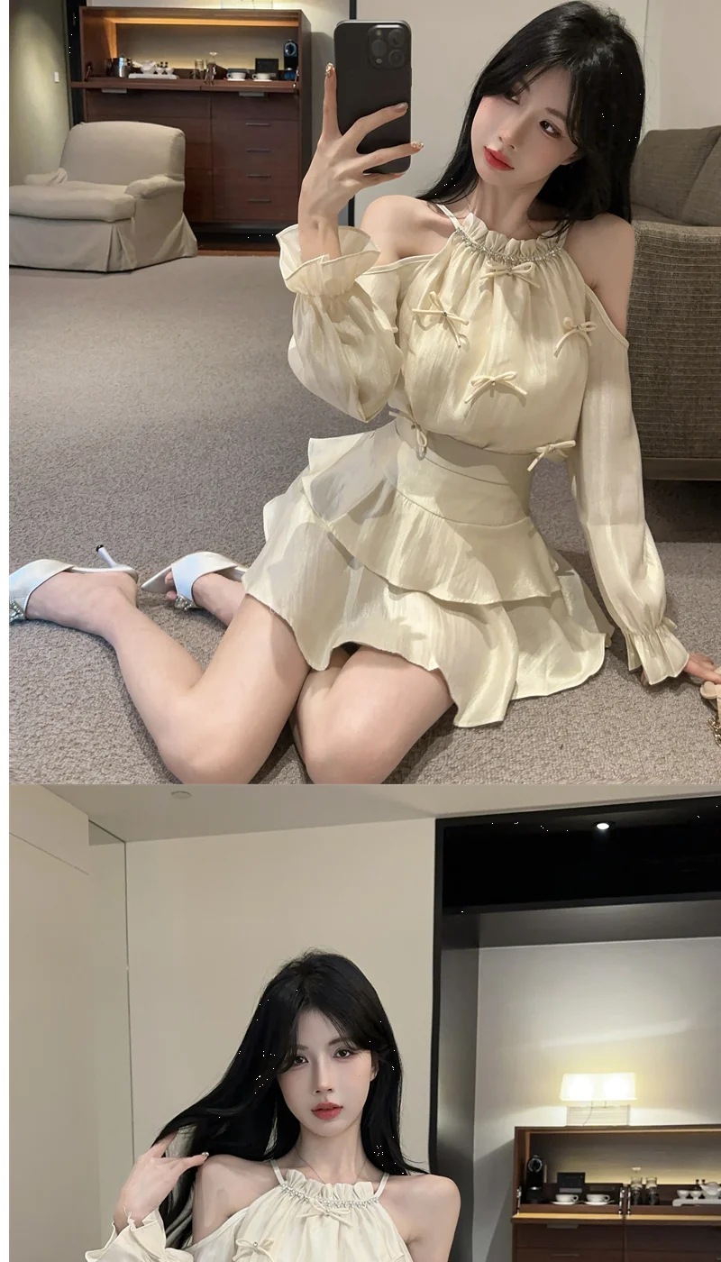 Gagarich Casual Fashion Diamond Studded Bow Trumpet Sleeve Hanging Neck Shoulder Leakage Top Women Wear Cake Skirt Set