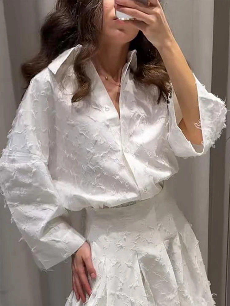 Elegant Shirt Skirt Set Women Lapel Long Sleeve Loose T-shirt High Waist Pleated Long Skirts Suits 2025 Autumn Street Lady Sets