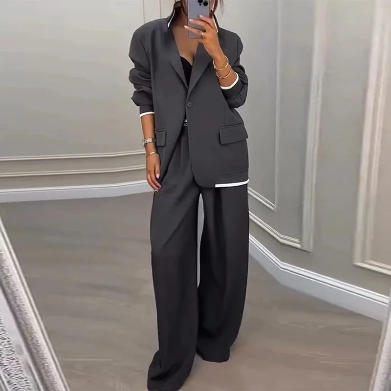 Autumn Casual Women's Suit Set Sexy Turn-down Collar Button Blazer & Straight-leg Pants Set Winter Solid Long Sleeve Chic Outfit
