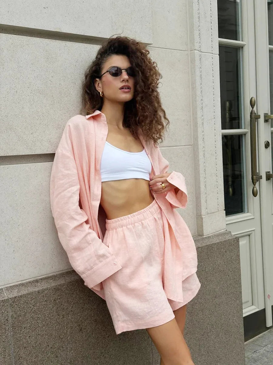 Bornladies Women's Cotton Casual Shorts Set Solid Color Lapel Long Sleeve Shirt Elastic Waist Shorts Outfit Daily Vacation Wear