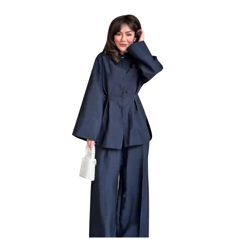 Elegant Women's Pant Suits Set Loose Fit Long Sleeve Top Matching High Waist Wide Leg Baggy Trousers Chic Female Formal Outfits