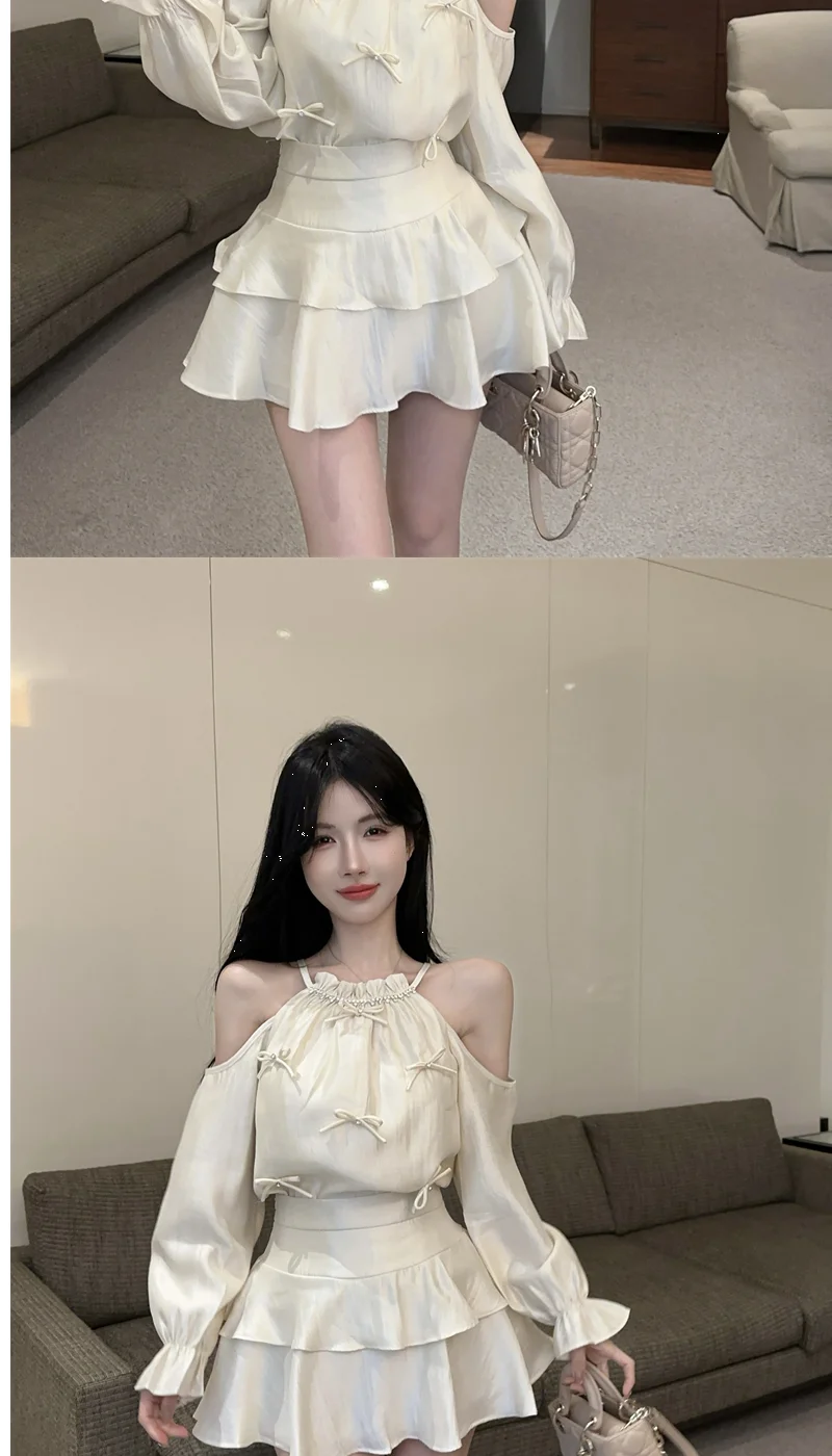 Gagarich Casual Fashion Diamond Studded Bow Trumpet Sleeve Hanging Neck Shoulder Leakage Top Women Wear Cake Skirt Set