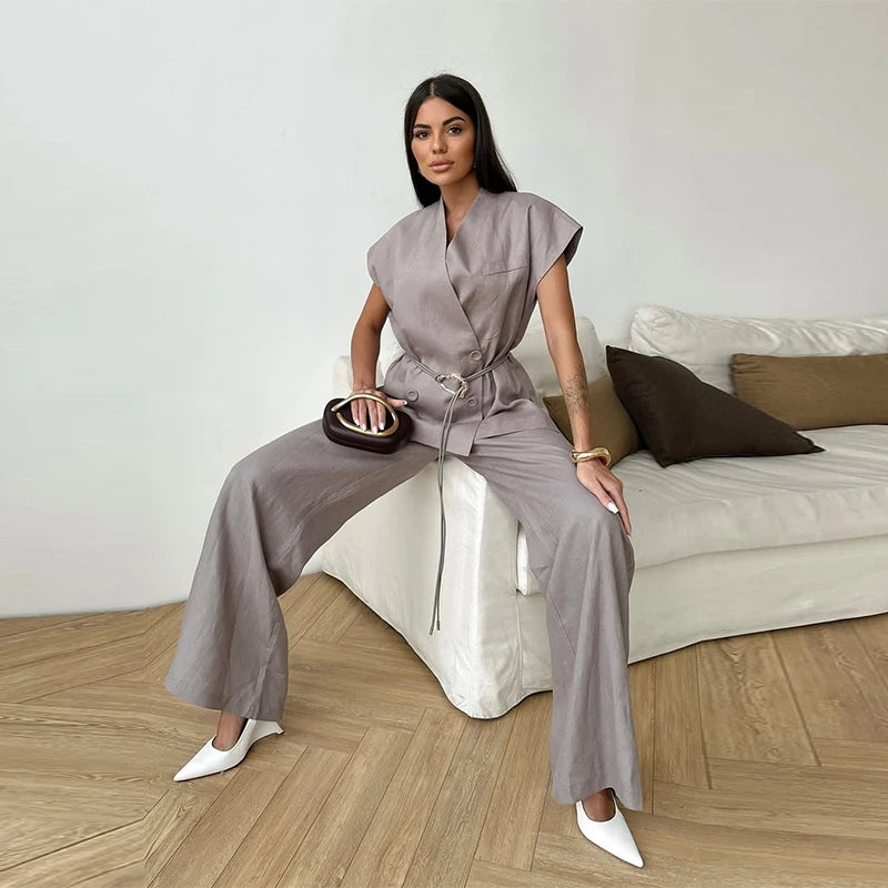 V-neck Double Breasted Women Top Set High Waist Wide Leg Female Pants Sets 2025 Fashion Casual Summer Chic Solid Lady Shirt Suit