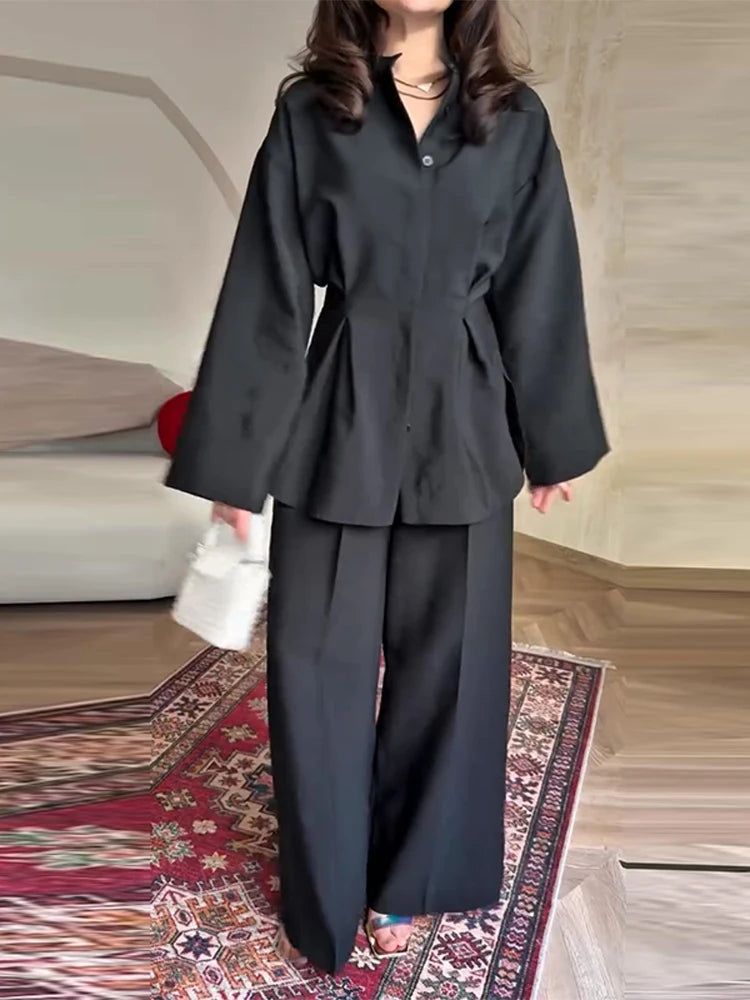 Elegant Women's Pant Suits Set Loose Fit Long Sleeve Top Matching High Waist Wide Leg Baggy Trousers Chic Female Formal Outfits