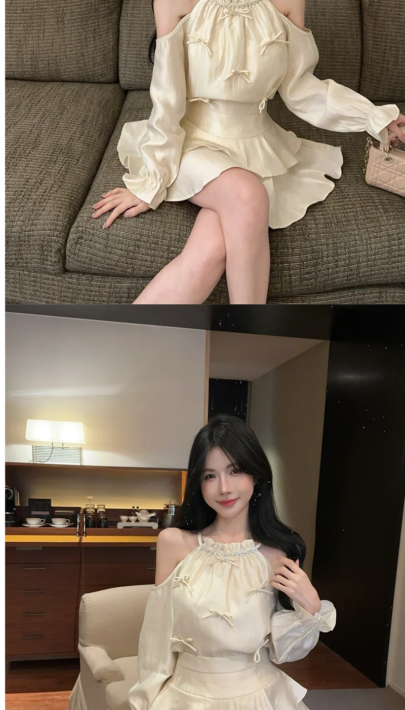 Gagarich Casual Fashion Diamond Studded Bow Trumpet Sleeve Hanging Neck Shoulder Leakage Top Women Wear Cake Skirt Set