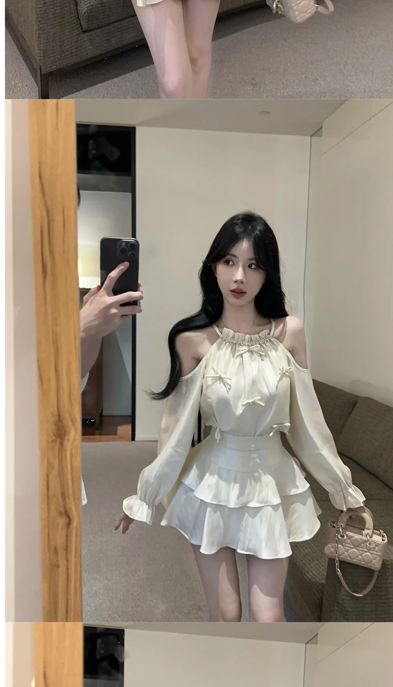 Gagarich Casual Fashion Diamond Studded Bow Trumpet Sleeve Hanging Neck Shoulder Leakage Top Women Wear Cake Skirt Set