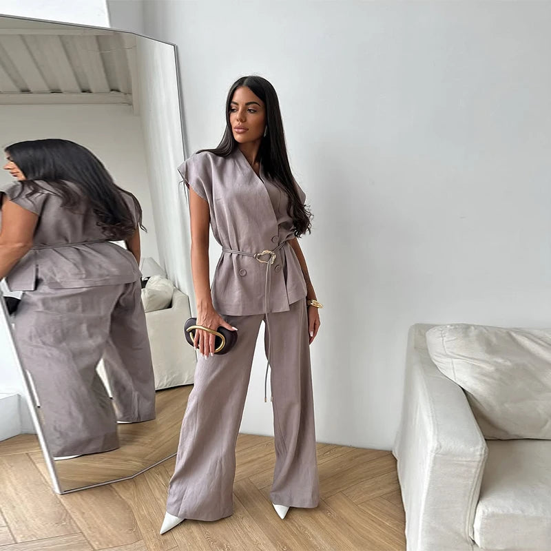V-neck Double Breasted Women Top Set High Waist Wide Leg Female Pants Sets 2025 Fashion Casual Summer Chic Solid Lady Shirt Suit