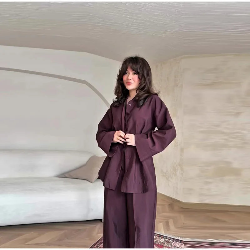 Elegant Women's Pant Suits Set Loose Fit Long Sleeve Top Matching High Waist Wide Leg Baggy Trousers Chic Female Formal Outfits