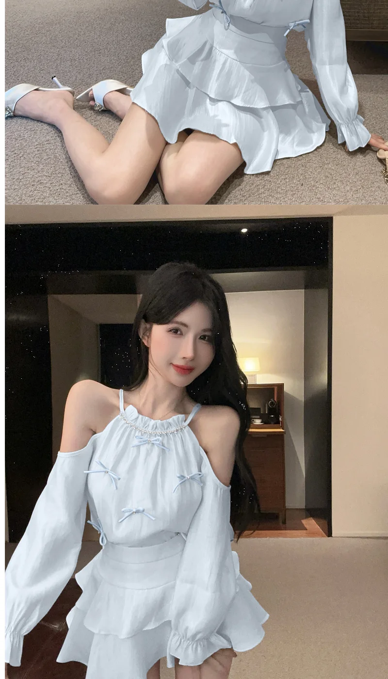 Gagarich Casual Fashion Diamond Studded Bow Trumpet Sleeve Hanging Neck Shoulder Leakage Top Women Wear Cake Skirt Set