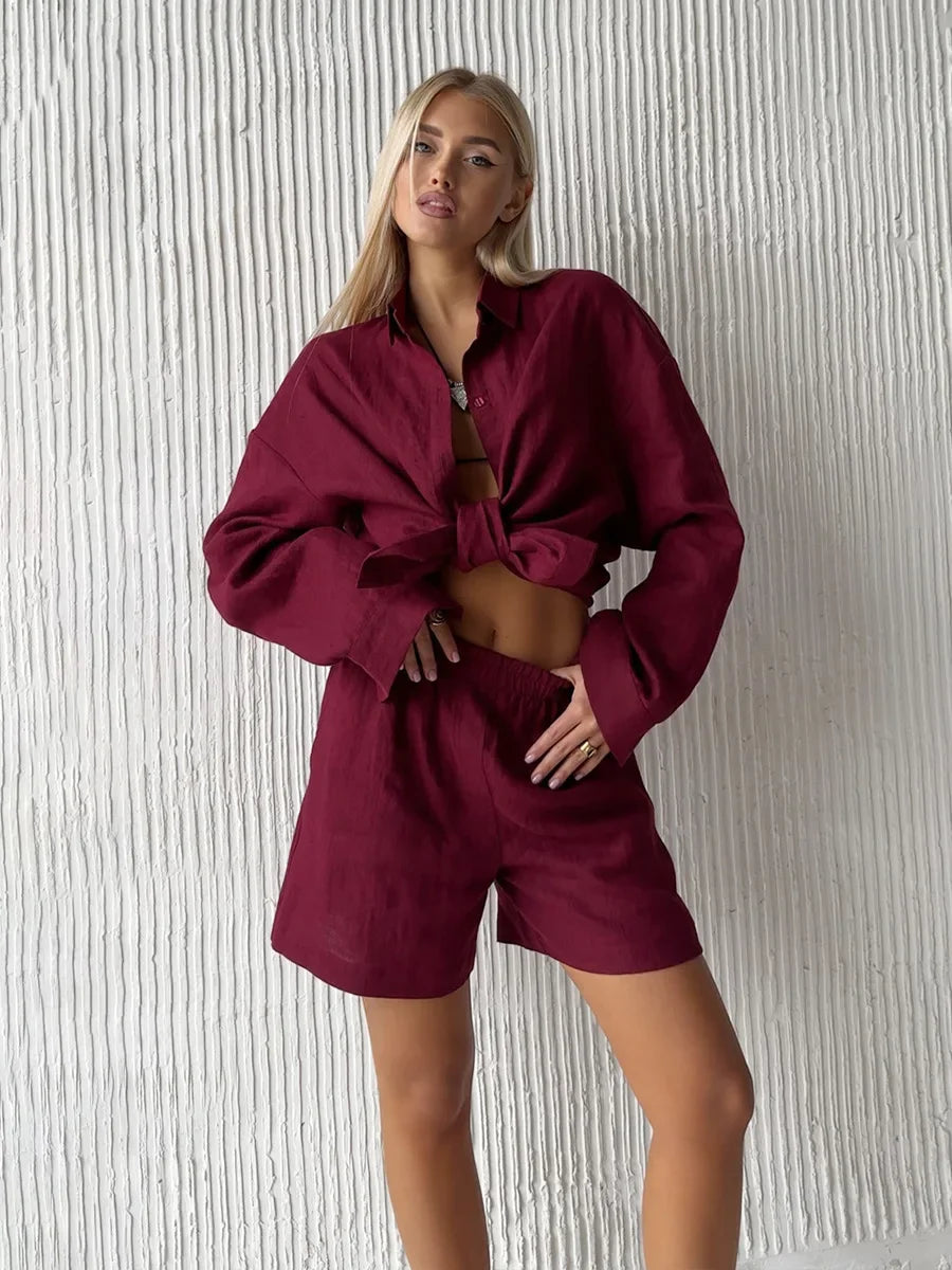 Bornladies Women's Cotton Casual Shorts Set Solid Color Lapel Long Sleeve Shirt Elastic Waist Shorts Outfit Daily Vacation Wear