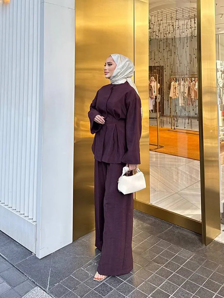 Elegant Women's Pant Suits Set Loose Fit Long Sleeve Top Matching High Waist Wide Leg Baggy Trousers Chic Female Formal Outfits