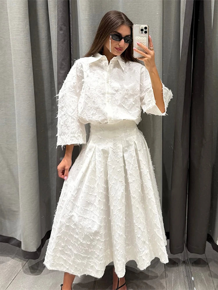 Elegant Shirt Skirt Set Women Lapel Long Sleeve Loose T-shirt High Waist Pleated Long Skirts Suits 2025 Autumn Street Lady Sets