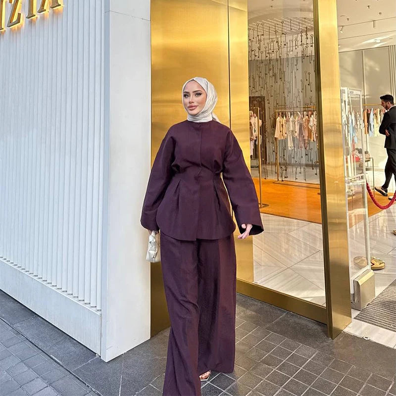 Elegant Women's Pant Suits Set Loose Fit Long Sleeve Top Matching High Waist Wide Leg Baggy Trousers Chic Female Formal Outfits