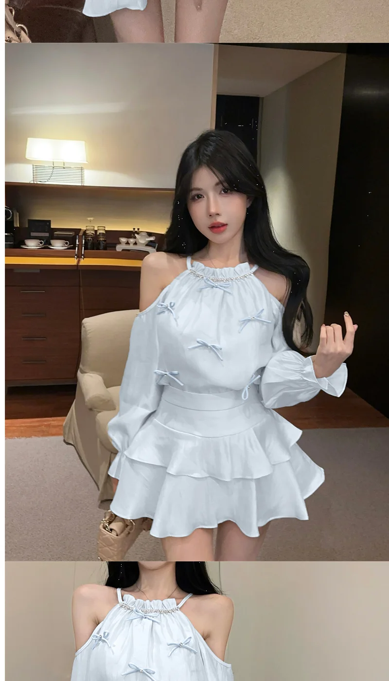 Gagarich Casual Fashion Diamond Studded Bow Trumpet Sleeve Hanging Neck Shoulder Leakage Top Women Wear Cake Skirt Set