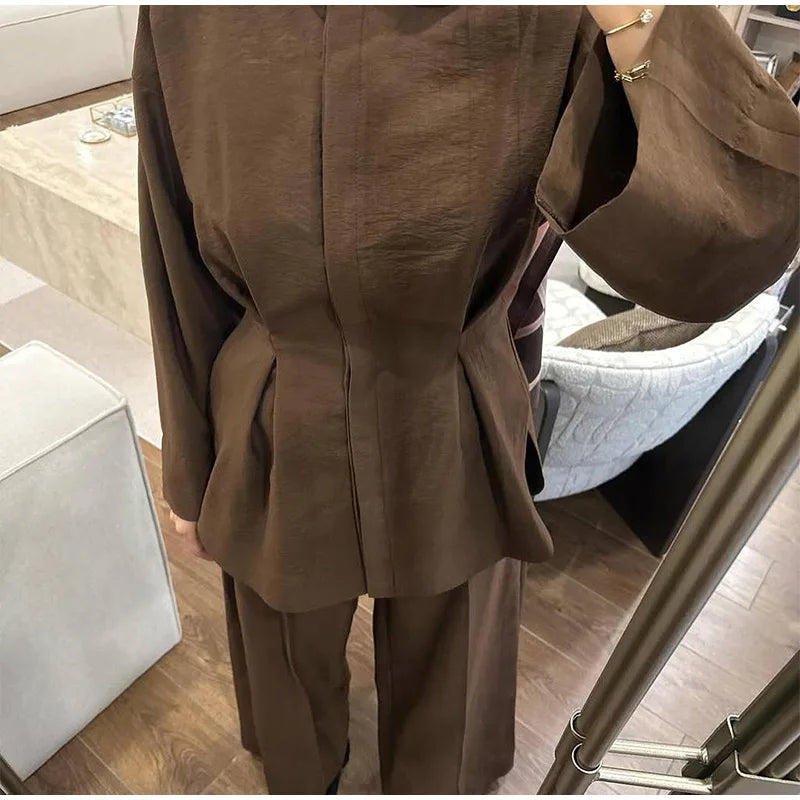 Elegant Women's Pant Suits Set Loose Fit Long Sleeve Top Matching High Waist Wide Leg Baggy Trousers Chic Female Formal Outfits