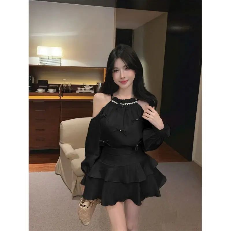 Gagarich Casual Fashion Diamond Studded Bow Trumpet Sleeve Hanging Neck Shoulder Leakage Top Women Wear Cake Skirt Set