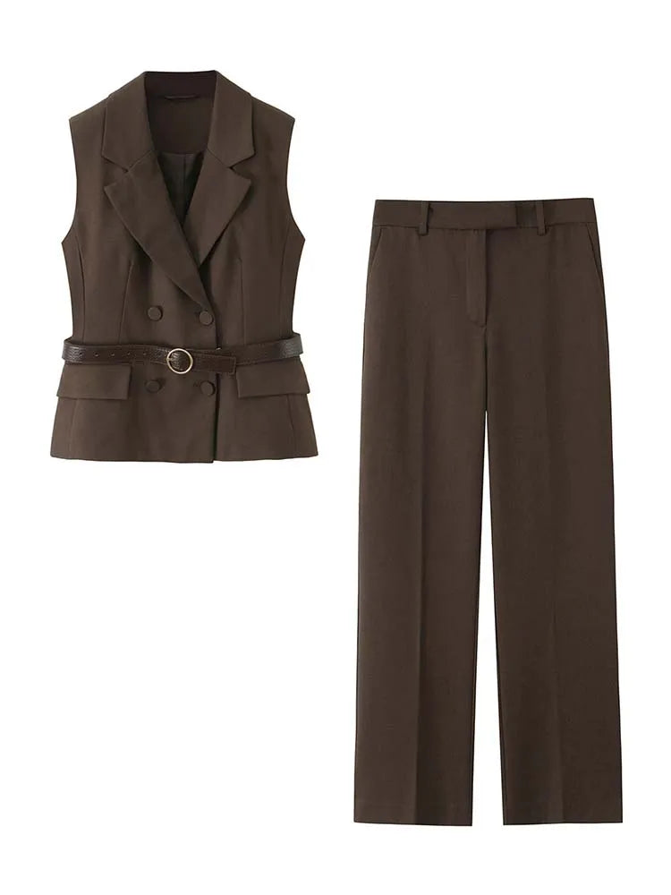 2025 New Women Pants Fashiontwo-piece set Women Sexy V-Neck With Belt Top+ wide-leg Pants 2 Pieces Sets Elegant Women Suit