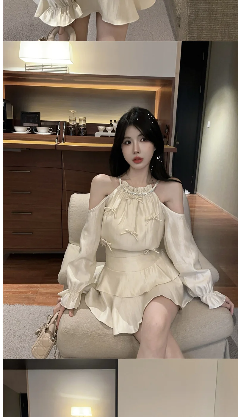 Gagarich Casual Fashion Diamond Studded Bow Trumpet Sleeve Hanging Neck Shoulder Leakage Top Women Wear Cake Skirt Set