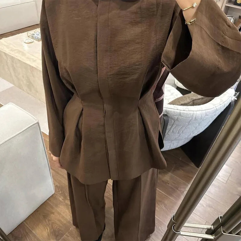 Elegant Women's Pant Suits Set Loose Fit Long Sleeve Top Matching High Waist Wide Leg Baggy Trousers Chic Female Formal Outfits