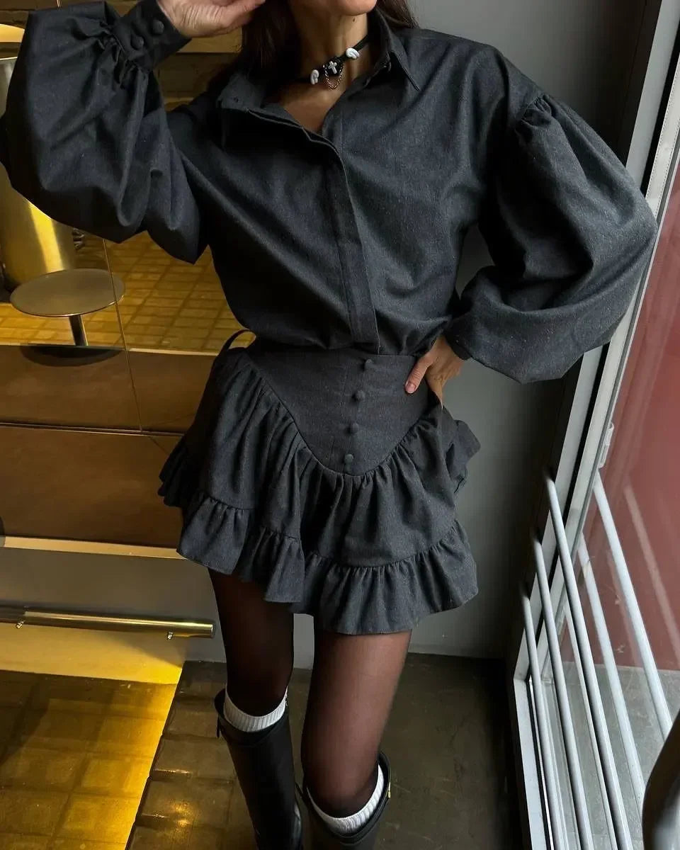 2025 New Elegantsuit Women's Clothing Set High-End Feel Spring Plaid Design Sensibility Ruffle Edge Mini Dress 2-Piece Wholesale