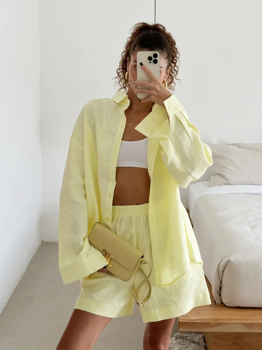 Bornladies Women's Cotton Casual Shorts Set Solid Color Lapel Long Sleeve Shirt Elastic Waist Shorts Outfit Daily Vacation Wear