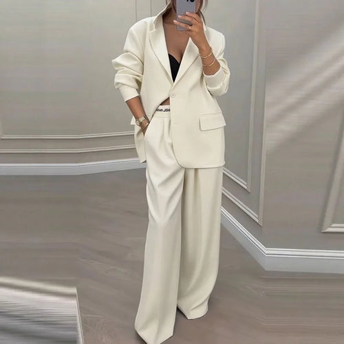 Autumn Casual Women's Suit Set Sexy Turn-down Collar Button Blazer & Straight-leg Pants Set Winter Solid Long Sleeve Chic Outfit