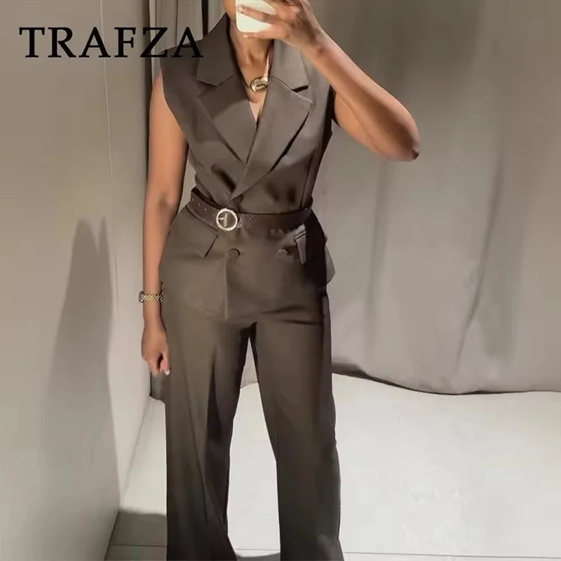 2025 New Women Pants Fashiontwo-piece set Women Sexy V-Neck With Belt Top+ wide-leg Pants 2 Pieces Sets Elegant Women Suit