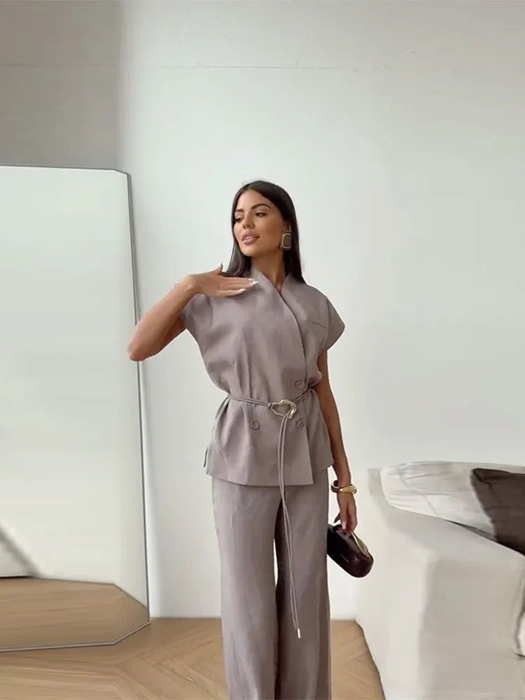 V-neck Double Breasted Women Top Set High Waist Wide Leg Female Pants Sets 2025 Fashion Casual Summer Chic Solid Lady Shirt Suit