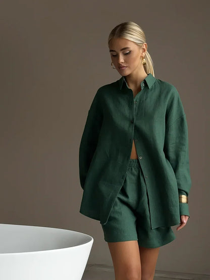 Bornladies Women's Cotton Casual Shorts Set Solid Color Lapel Long Sleeve Shirt Elastic Waist Shorts Outfit Daily Vacation Wear