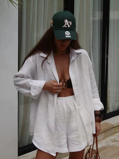 Bornladies Women's Cotton Casual Shorts Set Solid Color Lapel Long Sleeve Shirt Elastic Waist Shorts Outfit Daily Vacation Wear