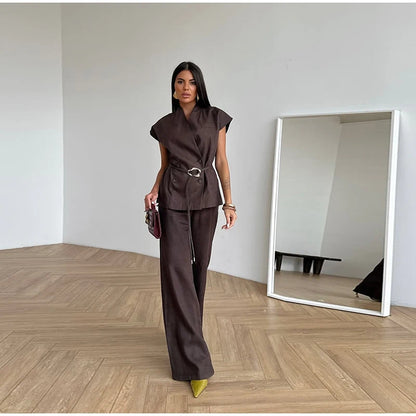 V-neck Double Breasted Women Top Set High Waist Wide Leg Female Pants Sets 2025 Fashion Casual Summer Chic Solid Lady Shirt Suit