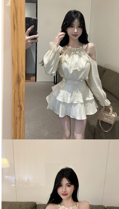 Gagarich Casual Fashion Diamond Studded Bow Trumpet Sleeve Hanging Neck Shoulder Leakage Top Women Wear Cake Skirt Set