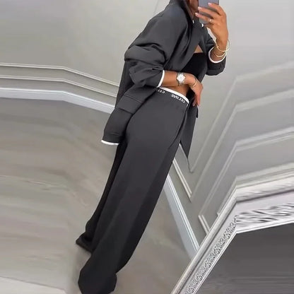 Autumn Casual Women's Suit Set Sexy Turn-down Collar Button Blazer & Straight-leg Pants Set Winter Solid Long Sleeve Chic Outfit