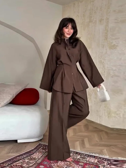 Elegant Women's Pant Suits Set Loose Fit Long Sleeve Top Matching High Waist Wide Leg Baggy Trousers Chic Female Formal Outfits