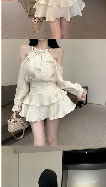 Gagarich Casual Fashion Diamond Studded Bow Trumpet Sleeve Hanging Neck Shoulder Leakage Top Women Wear Cake Skirt Set