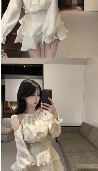 Gagarich Casual Fashion Diamond Studded Bow Trumpet Sleeve Hanging Neck Shoulder Leakage Top Women Wear Cake Skirt Set