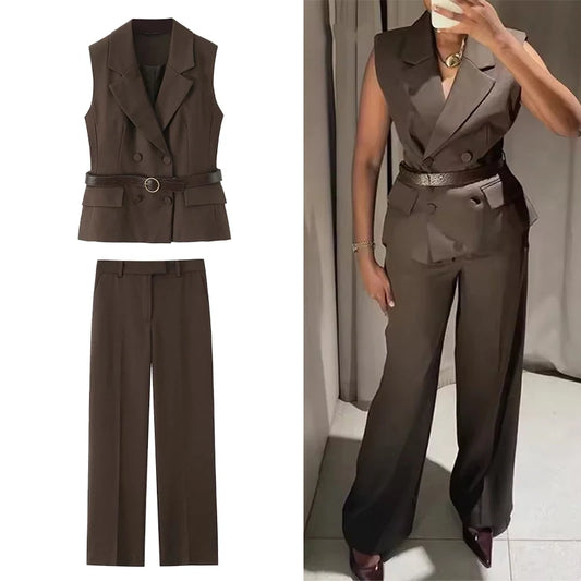 2025 New  Women Pants Fashiontwo-piece set Women Sexy V-Neck  With Belt Top+ wide-leg Pants 2 Pieces Sets Elegant Women Suit