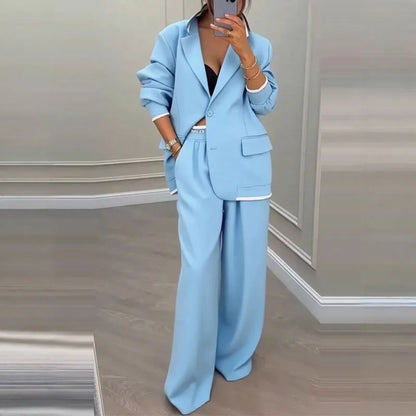 Autumn Casual Women's Suit Set Sexy Turn-down Collar Button Blazer & Straight-leg Pants Set Winter Solid Long Sleeve Chic Outfit
