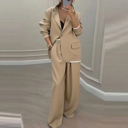 Autumn Casual Women's Suit Set Sexy Turn-down Collar Button Blazer & Straight-leg Pants Set Winter Solid Long Sleeve Chic Outfit