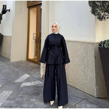 Elegant Women's Pant Suits Set Loose Fit Long Sleeve Top Matching High Waist Wide Leg Baggy Trousers Chic Female Formal Outfits