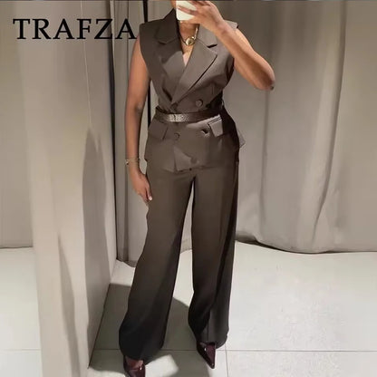 2025 New  Women Pants Fashiontwo-piece set Women Sexy V-Neck  With Belt Top+ wide-leg Pants 2 Pieces Sets Elegant Women Suit