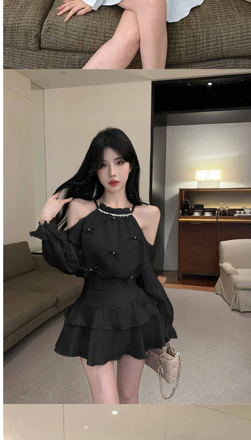 Gagarich Casual Fashion Diamond Studded Bow Trumpet Sleeve Hanging Neck Shoulder Leakage Top Women Wear Cake Skirt Set