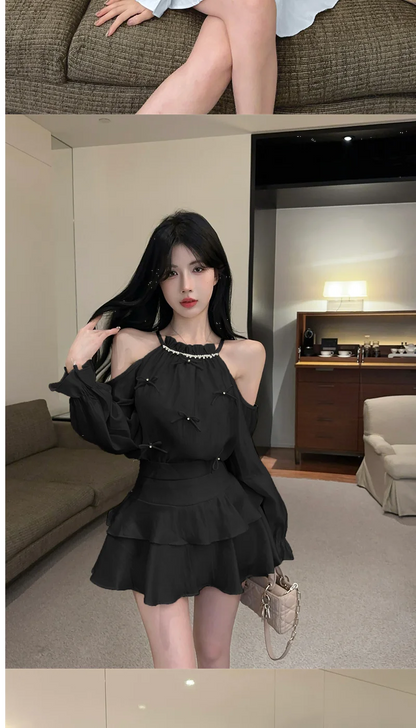 Gagarich Casual Fashion Diamond Studded Bow Trumpet Sleeve Hanging Neck Shoulder Leakage Top Women Wear Cake Skirt Set