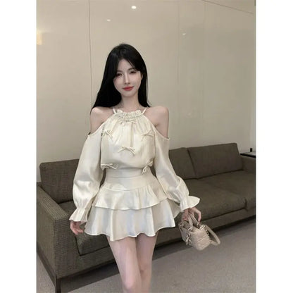 Gagarich Casual Fashion Diamond Studded Bow Trumpet Sleeve Hanging Neck Shoulder Leakage Top Women Wear Cake Skirt Set