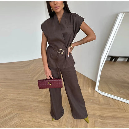 V-neck Double Breasted Women Top Set High Waist Wide Leg Female Pants Sets 2025 Fashion Casual Summer Chic Solid Lady Shirt Suit