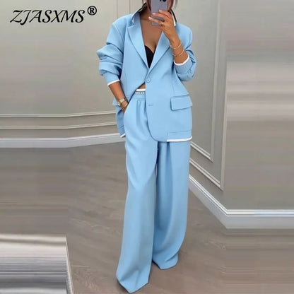 Autumn Casual Women's Suit Set Sexy Turn-down Collar Button Blazer & Straight-leg Pants Set Winter Solid Long Sleeve Chic Outfit