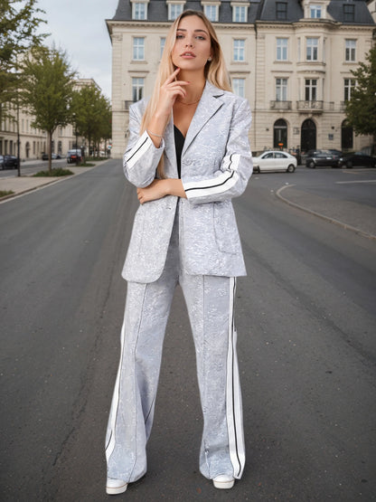 2025 New Elegant Women's Knitted Coat and Pants Set - Long Sleeve, Collar, with Side Stripe Details, Spring and Autumn Season