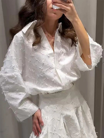 Elegant Shirt Skirt Set Women Lapel Long Sleeve Loose T-shirt High Waist Pleated Long Skirts Suits 2025 Autumn Street Lady Sets