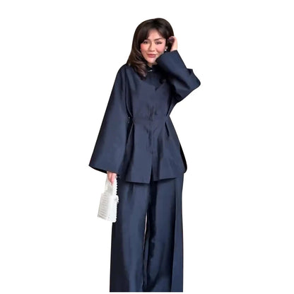 Elegant Women's Pant Suits Set Loose Fit Long Sleeve Top Matching High Waist Wide Leg Baggy Trousers Chic Female Formal Outfits